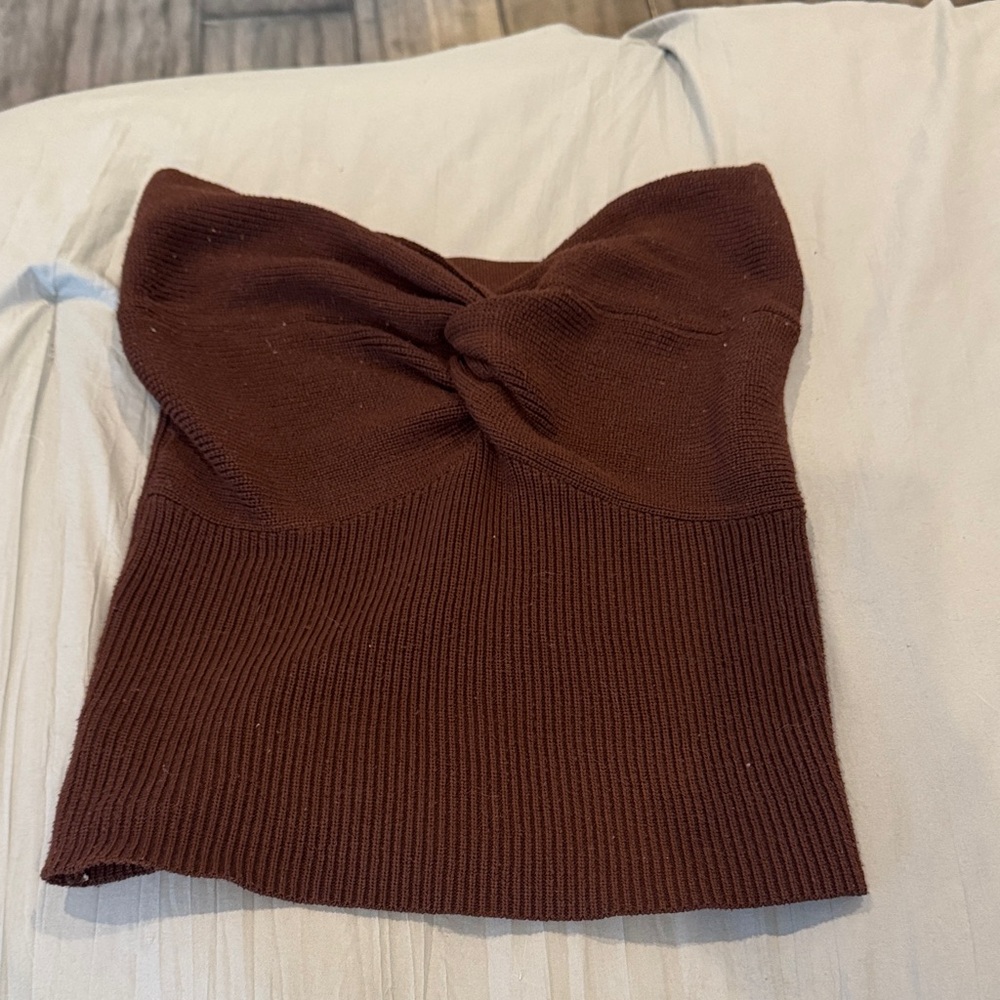 Brown Twist-Front Ribbed Strapless Top - Women